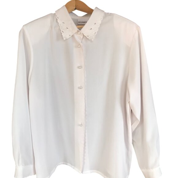 Koret Vintage 80s Cream Blouse: Size 16, Scalloped Eyelet Embroidery Detail - Picture 13 of 16